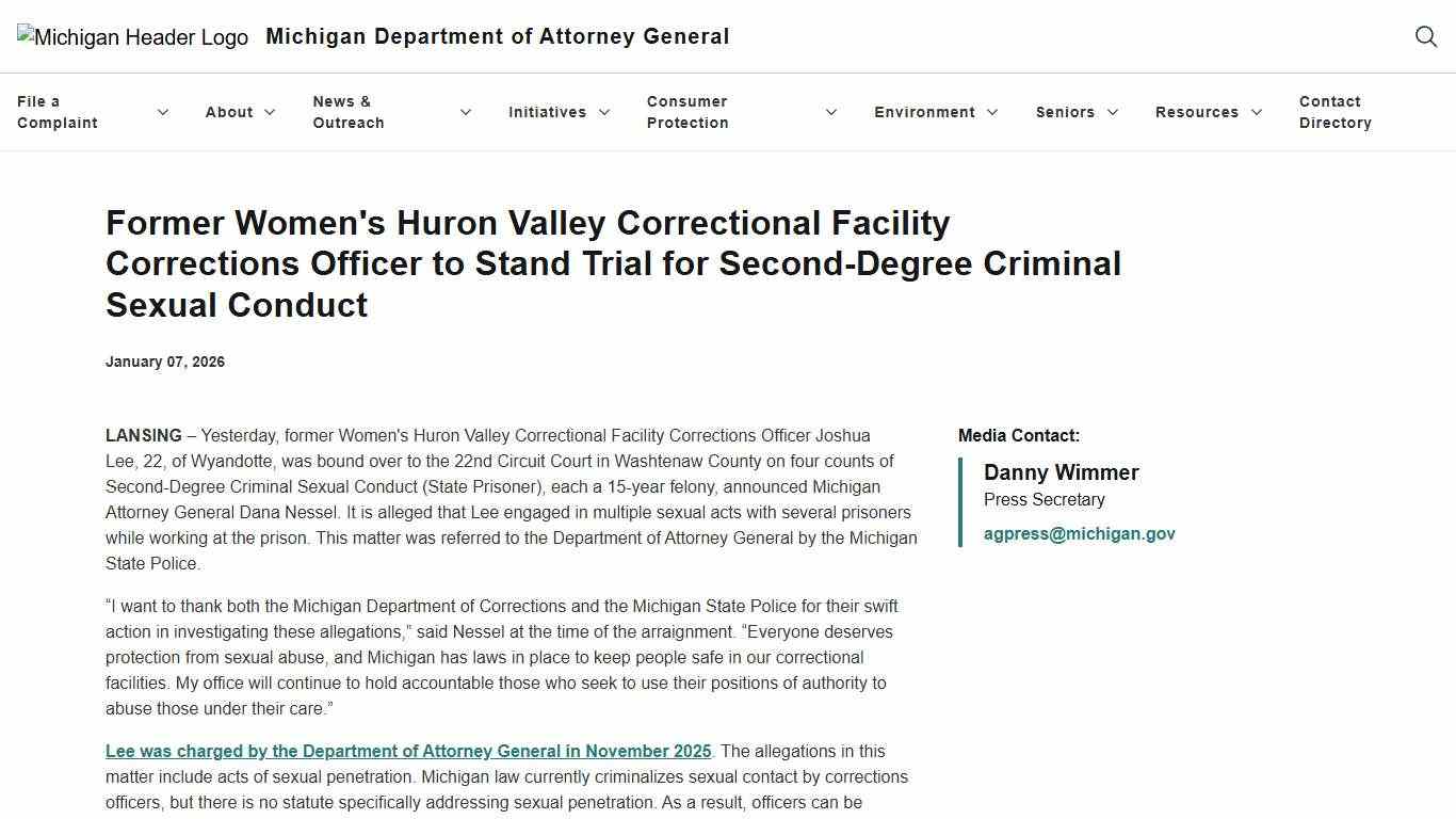 Attorney General: Former Women's Huron Valley Correctional Facility Corrections Officer to Stand Trial for Second-Degree Criminal Sexual Conduct